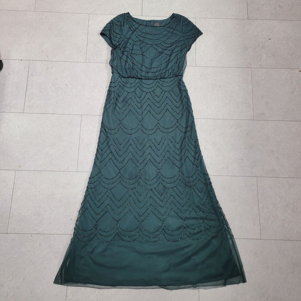 Adrianna Papell Beaded Blouson Gown Dusty Emerald Green St. Patrick's Short Slv - Picture 1 of 16